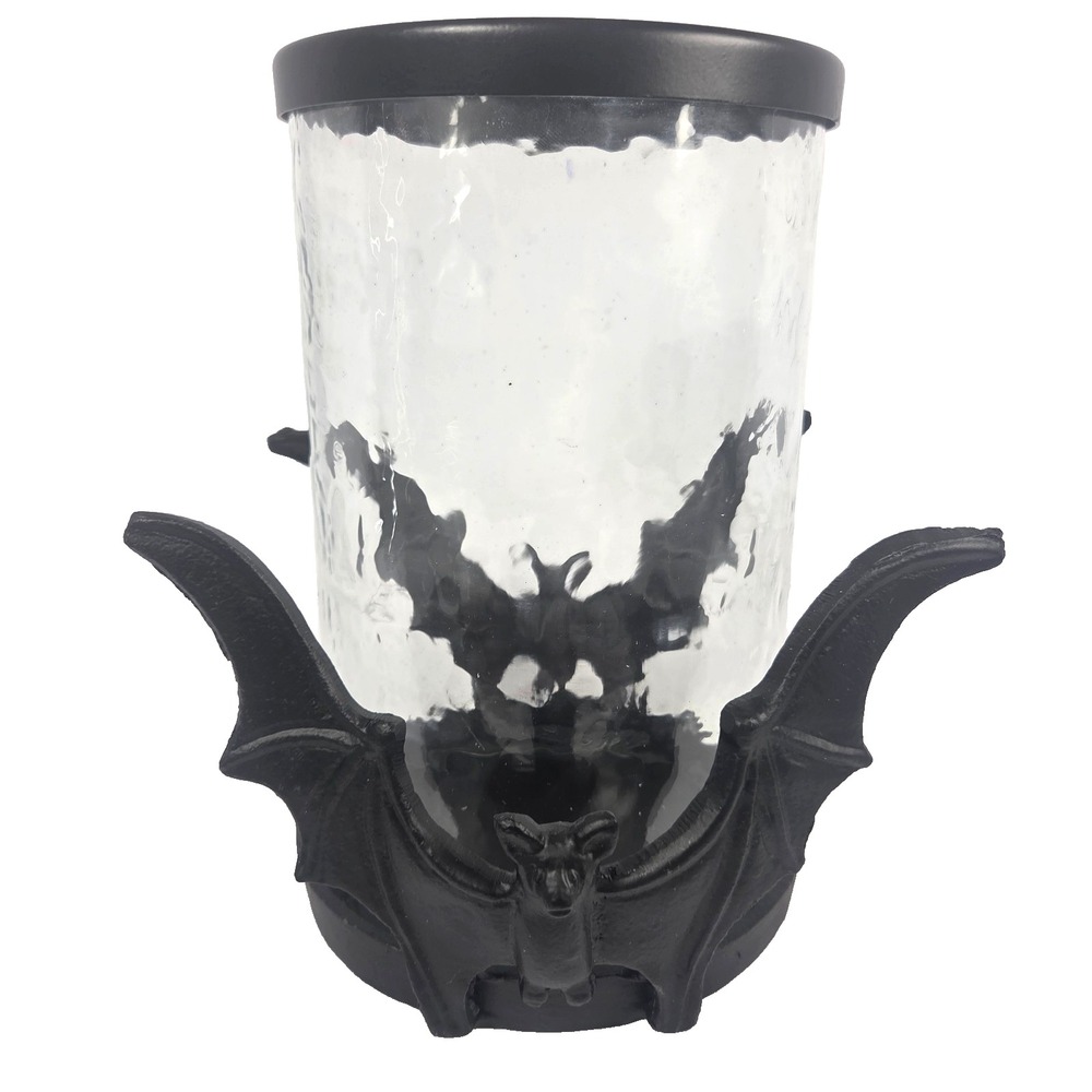 Halloween Bat Candle Holder Black Gothic Hammered Glass Hurricane 8.5 Inch